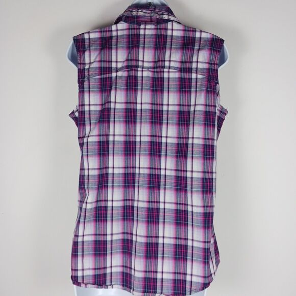 Dakini Plaid Boyfriend Shirt Womens Small Purple Stretch Hidden Pocket Vented - Picture 3 of 14